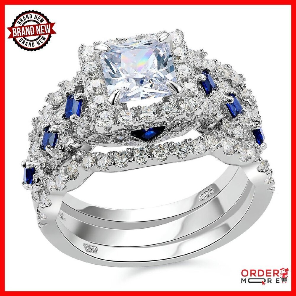 Sterling Silver Cubic Zirconia Bridal Set, Size 7, 3-Piece Wedding Rings